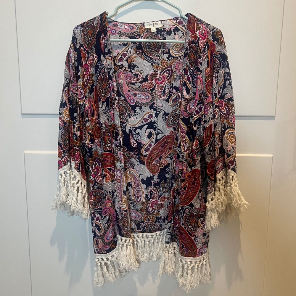 Umgee Paisley Print Kimono Fringe Trim Womens M/L Bohemian‎ Festival Boho Duster